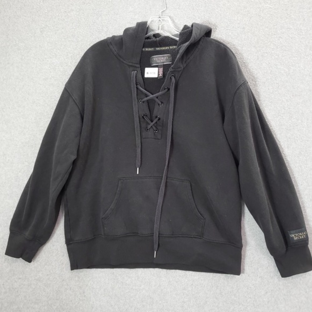 Victoria's Secret Women Sweatshirt Small Black‎ Hoodie V Neck Laced Up Fleece